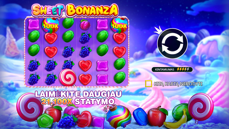 Internetinio lošimo automato Sweet Bonanza ekrano nuotrauka, kurioje matomas spalvingas žaidimo tinklelis, užpildytas vaisių ir saldainių simboliais. Taip pat pabrėžiamas galimas laimėjimas, kuris yra 21 100 kartų didesnis už statymą.
